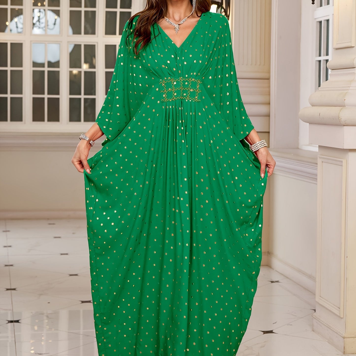 EDOLYNSA V-Neck Elegant Green Waist-Cinched Side-Draped Polka Dot Long Batwing Sleeve Dress, Middle Eastern Fashion Loose Cover-Up Kaftan Robe Q1804