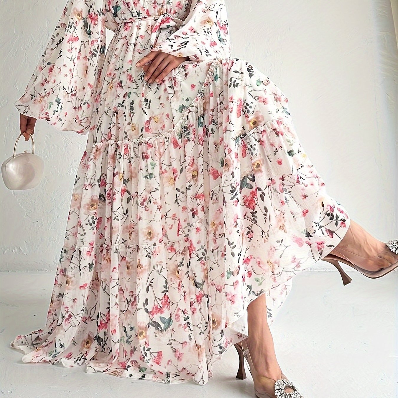 Elegant Long Sleeve Maxi Kaftan Abaya - Floral Print, Micro Elastic Polyester, Belted, Machine Washable, Middle Eastern Style, Random Printing - Perfect for All Seasons