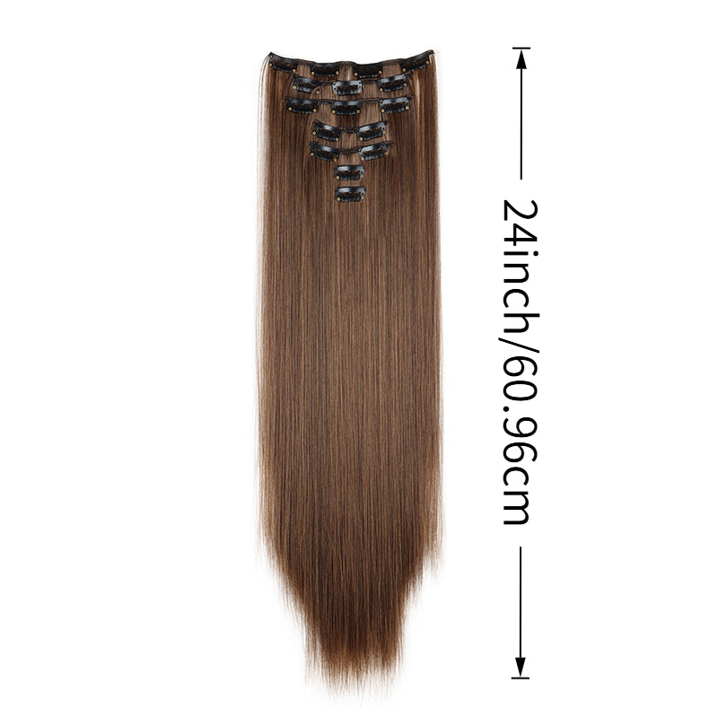Long Straight Hair Extensions in a Seven-Piece Set, Suitable for Women, Featuring European And American Styles with 16 Clips for a Curtain Effect