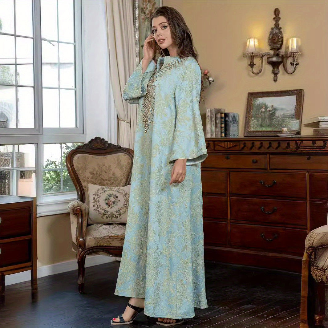 Women's Muslim Formal & Everyday Robe - Elegant Long Abaya Dress with Turquoise & Neutral Tones, Modest Islamic Clothing for Wedding, Party, Casual Attire - High-Quality Fabric, Wedding Attire, Jacquard Embroidery, Luxurious Texture