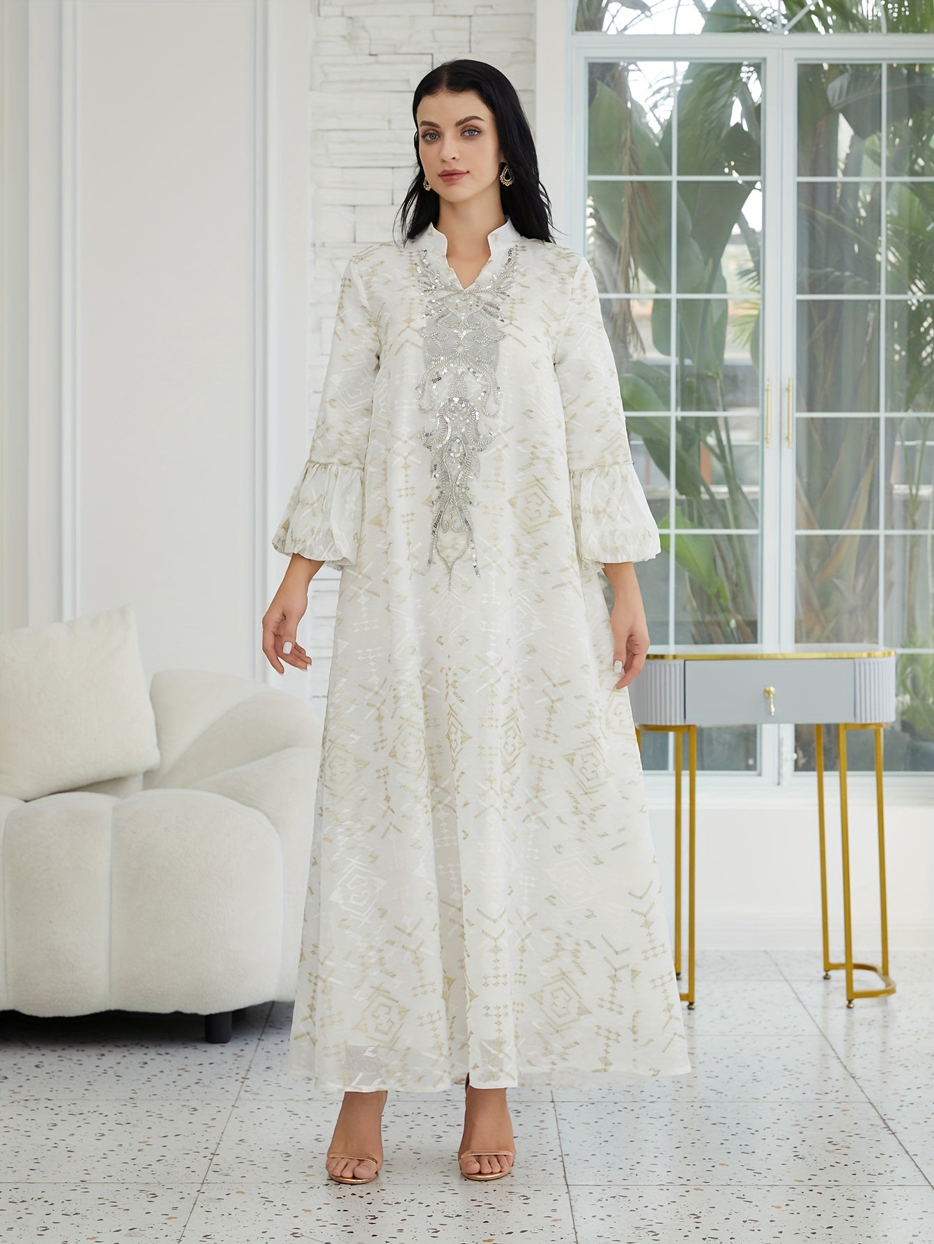 Elegant Women's Traditional Middle Eastern Abaya Dress with Embroidered Mesh Overlay - Long Sleeve, Belted Waist, Loose Fit, Geometric Pattern, White & Golden Design for Spring/Summer/Fall, Cultural Attire | Intricate Embroidery