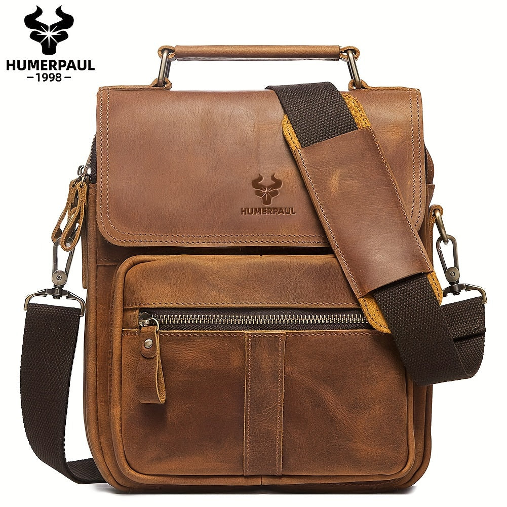 Men's Genuine Crazy Horse Leather Crossbody Bag - Adjustable Shoulder Strap, Multiple Compartments, Black Messenger Bag for Outdoor Travel & Business