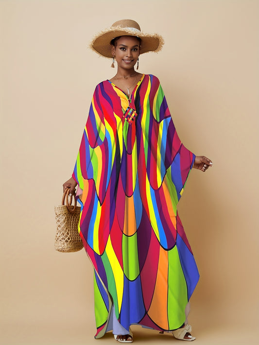 Plus Size, Women's Plus Size Kaftan Dresses Colorful Color Block Patterns Rainbow Prints Ethnic Style Dress Vacation Plus Size Kaftan Robe Beach Cover Up Elegant Kaftan Dress