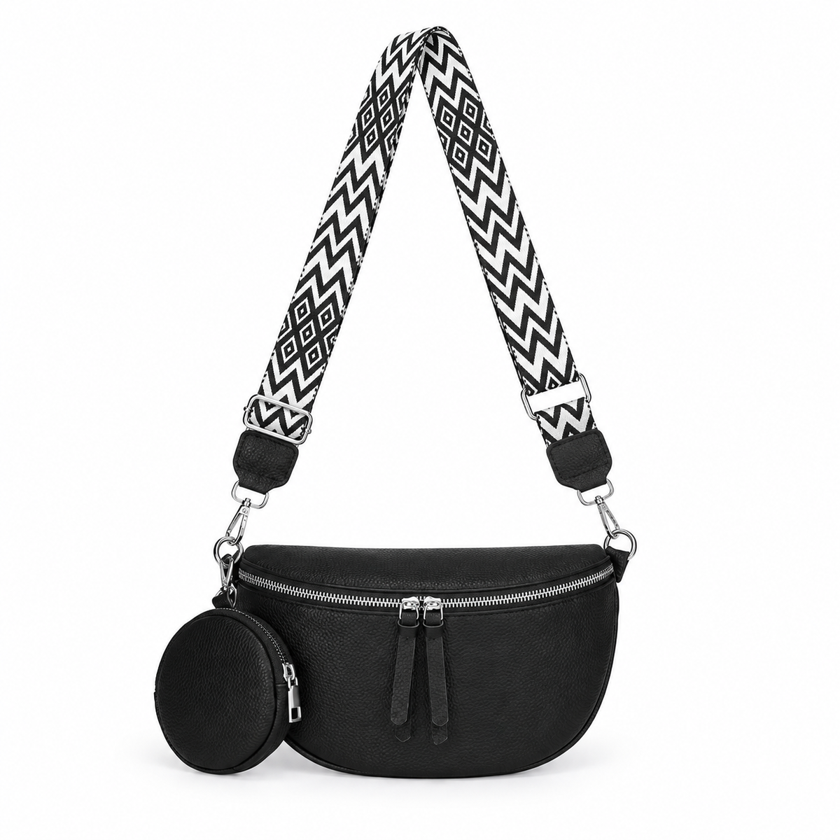 Black Sling Bag With Geometric Strap