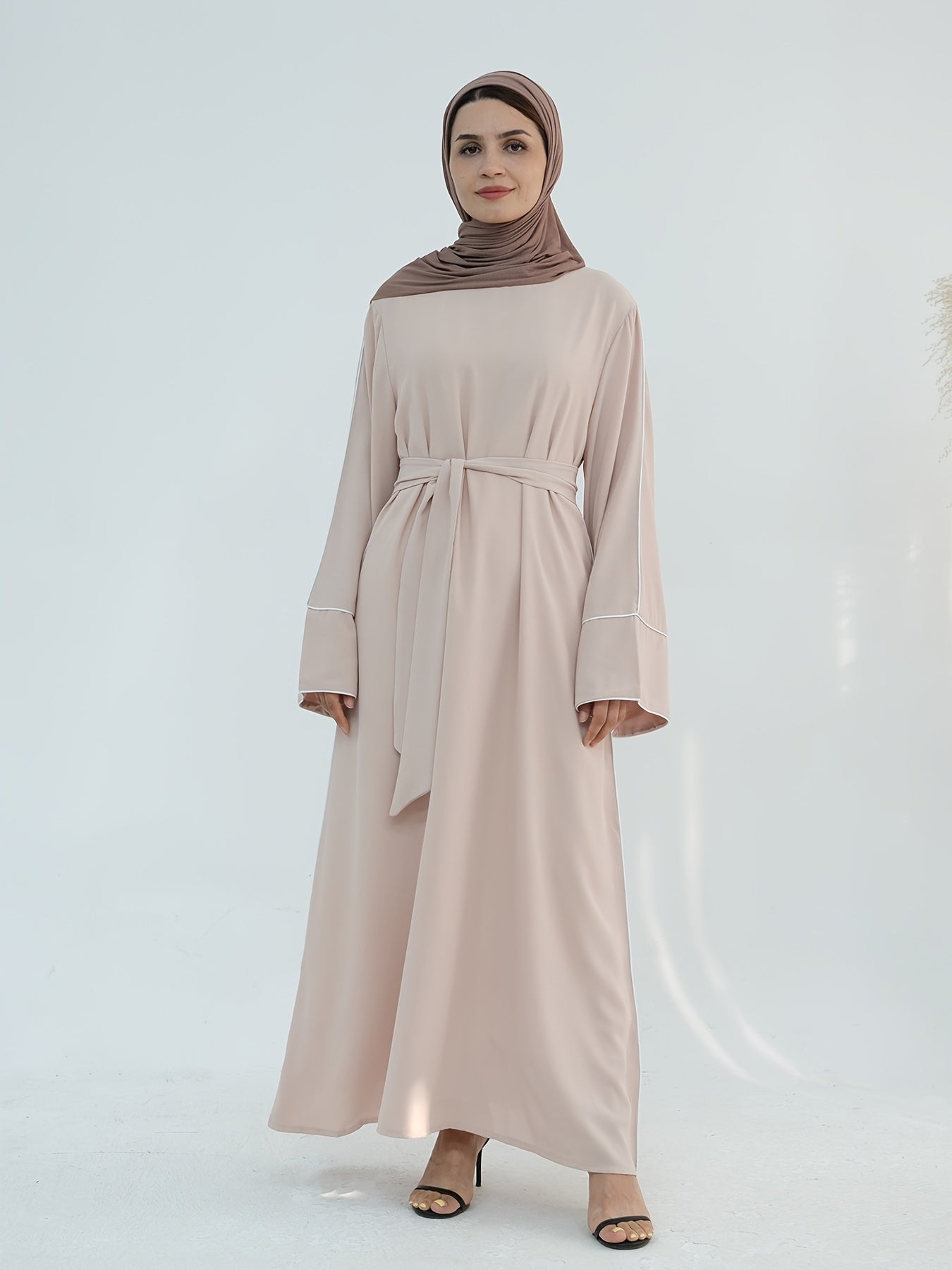 Women's Stylish Solid Color Dubai Turkish Abaya with Lace-Up Waist - Long Robe with Belt, Sleeveless, Polyester, All-Season Wear, Casual Attire|Elegant Attire|Polyester Fabric