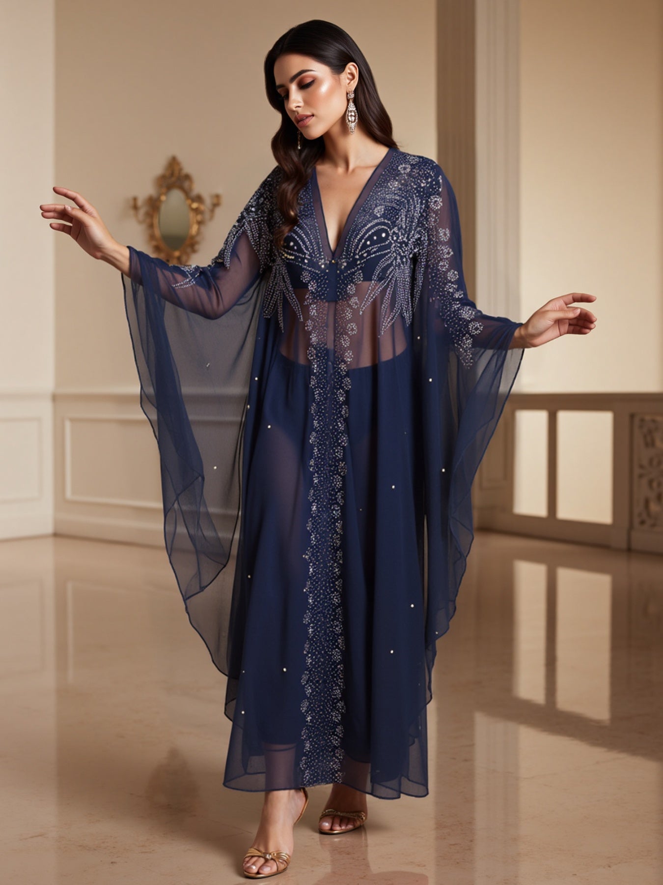 Women's Autumn Long Kaftan Dress Long Bat Sleeve Hooded Rhinestone Cape Arab Abaya Dress