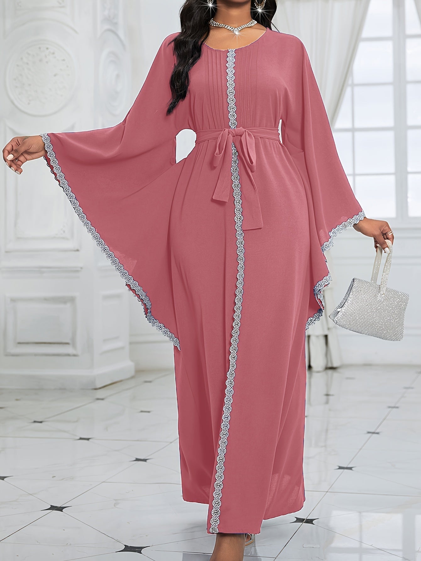 Women's Middle Eastern-Inspired Geometric Print Pakistani Abaya - Long Sleeve Belted Waist Floor-Length Dress with Pockets, Breathable Fabric for Spring/Summer