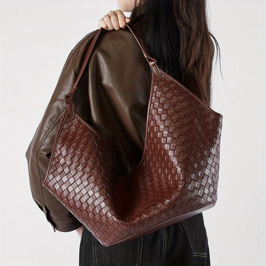 2025 New Women's Vintage Cowhide Woven Genuine Leather Tote Bag - Large Capacity Zipper Closure, Durable Polyester Lining for Commuting