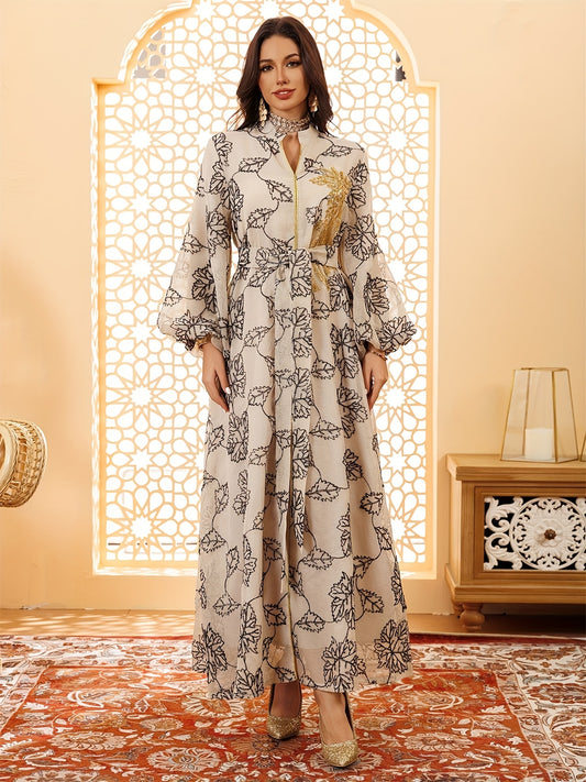 Dubai Floral Embroidery Belted Dress Belt included Lantern Sleeve Maxi Abaya Luxury Woman Evening Dresses Modern Kaftan 2025