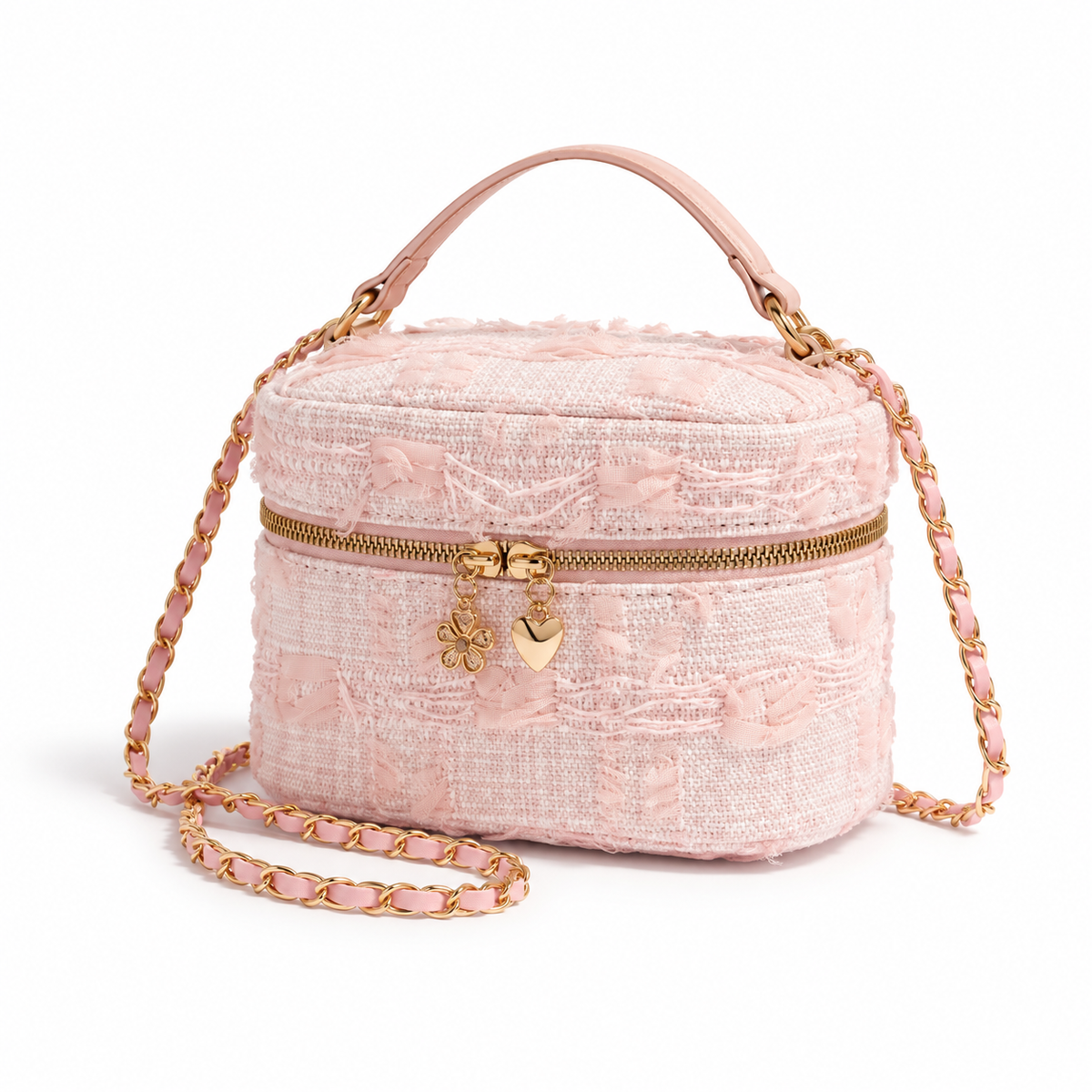 Pink Textured Crossbody Bag With Charms