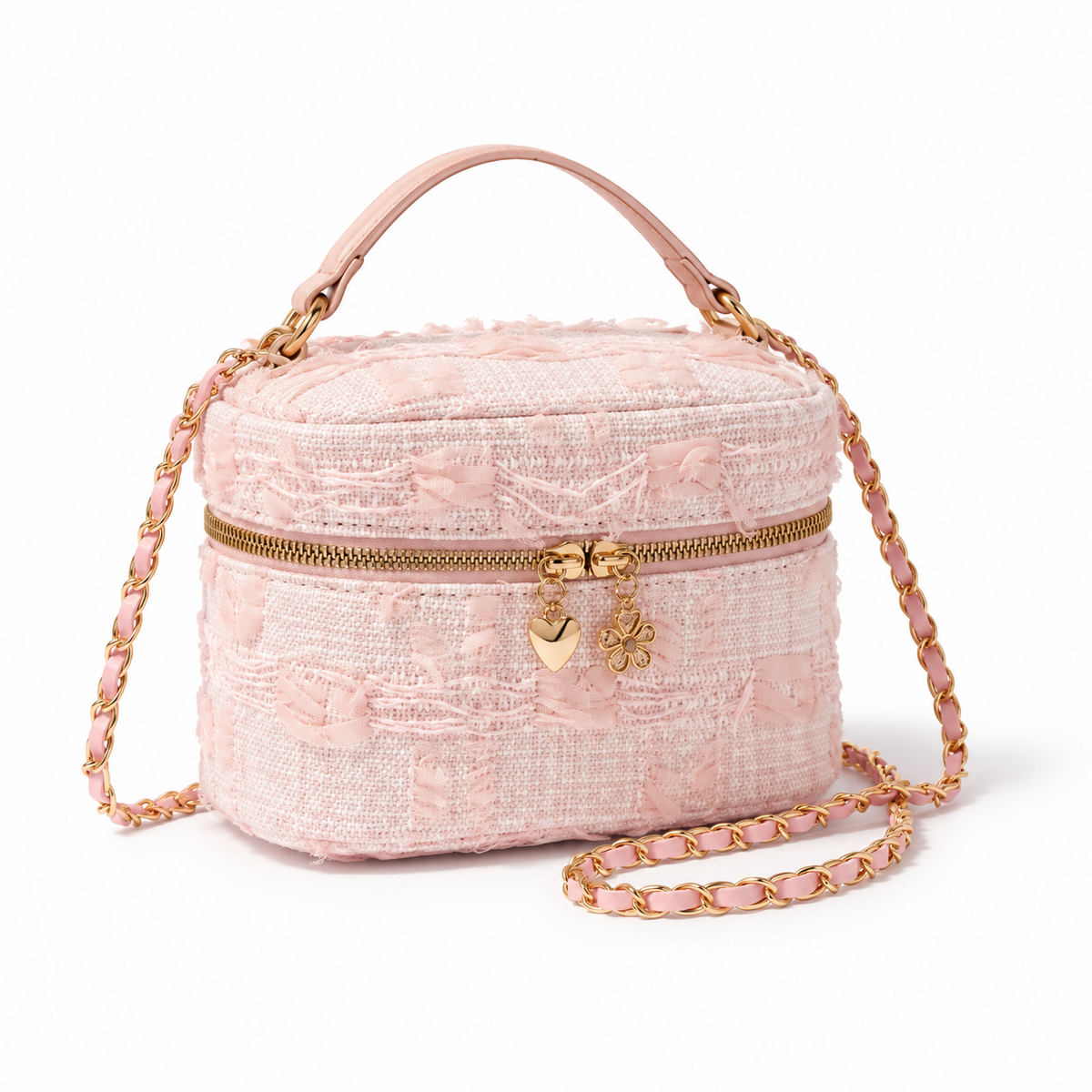 Pink Textured Crossbody Bag With Charms