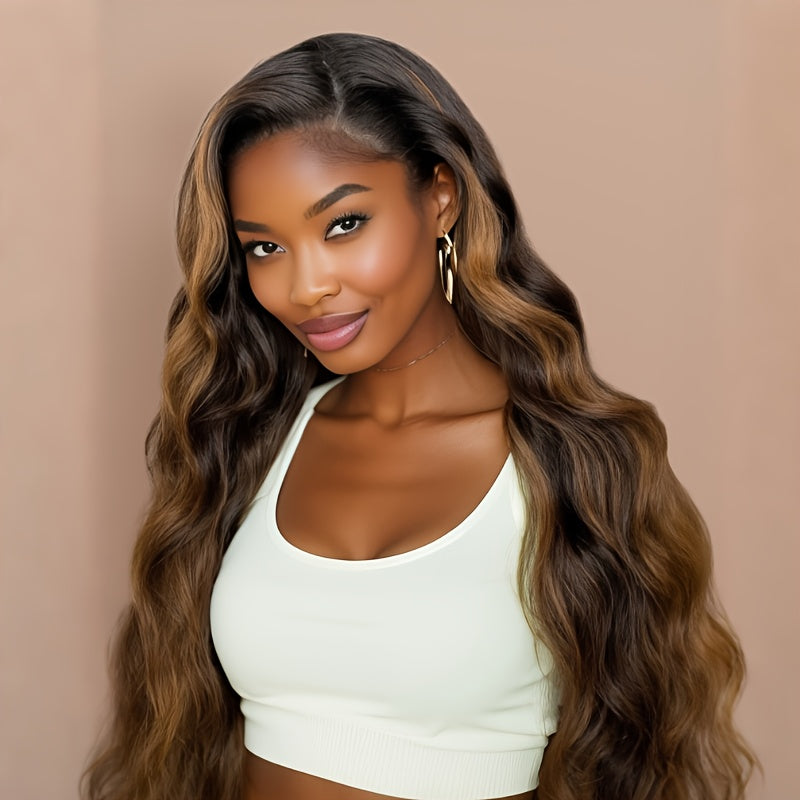 Klaiyi Balayage Honey Blonde Virgin Hair Weaves for Women, Featuring Body Wave with Dark Roots, Sew-In Piano Color, 300G Hair Weaving Plus 1pc Closure