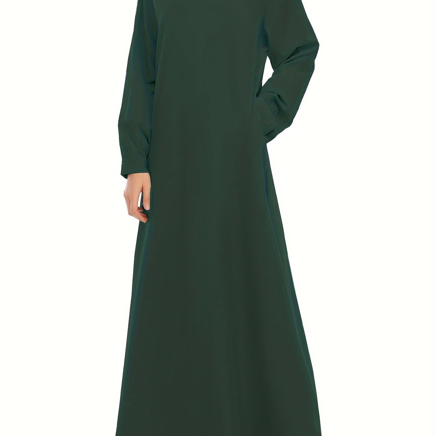 Ramadan Crew Neck Long Sleeve Modest Arabic Abaya, Solid Color Zipper Maxi Length Dress, Women's Clothing