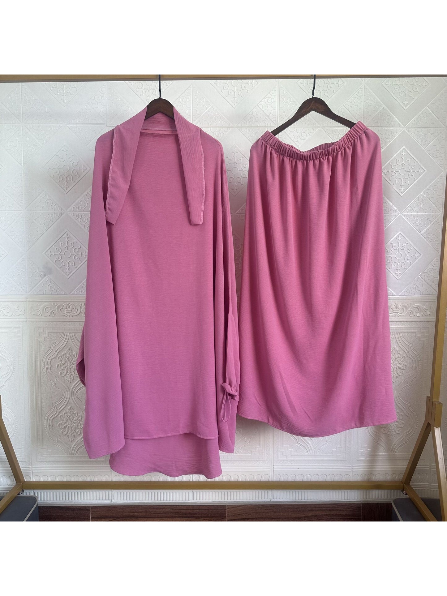 Cross-border fashion Women's plain long-sleeved Jilbaab and hijab with skirt two-piece set