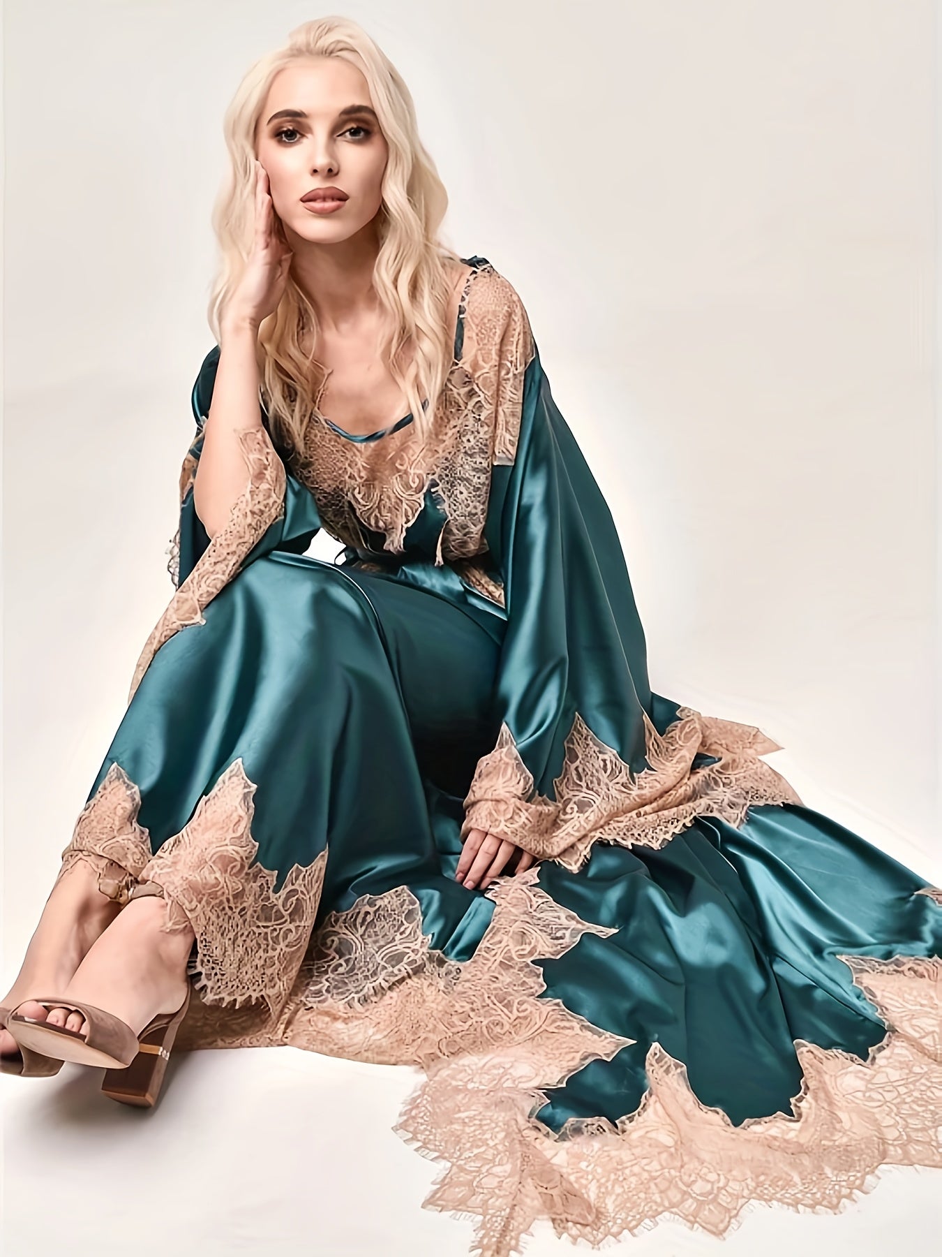 2pcs Satin Lace Kimono Abaya | Women's Bridal Robe On Wedding Day Light Long Lace Home Dress Pajamas