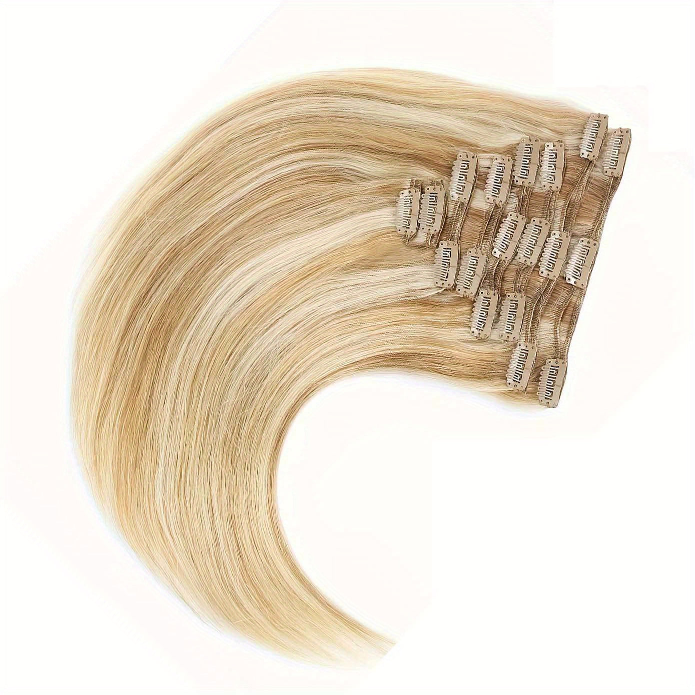 Set of 8pcs of Straight Human Hair Extensions with Double Weft, Featuring 18 Clips, Available in Lengths from 8 to 26 Inches, Color #12P613