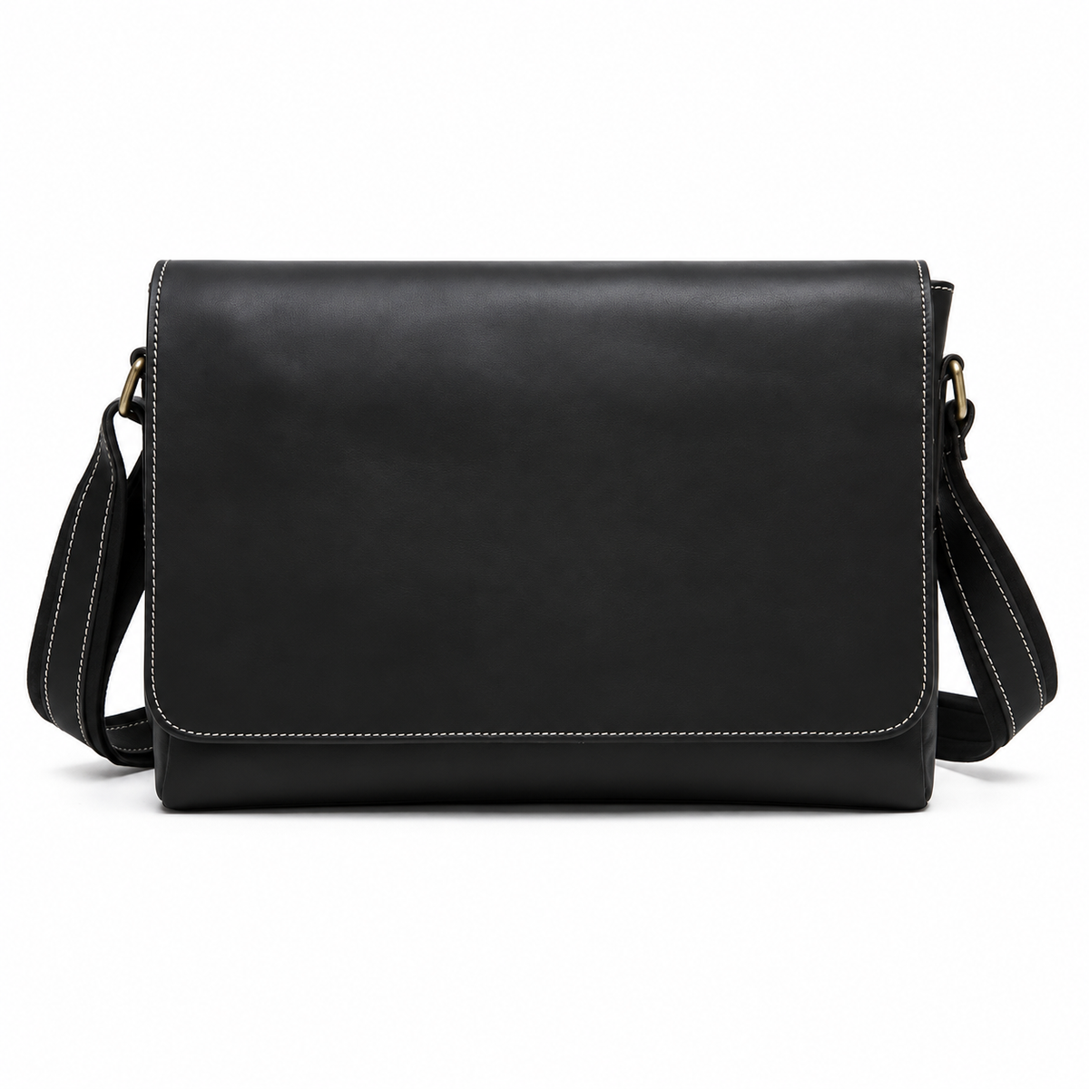 Classic Black Leather Laptop Messenger Bag
