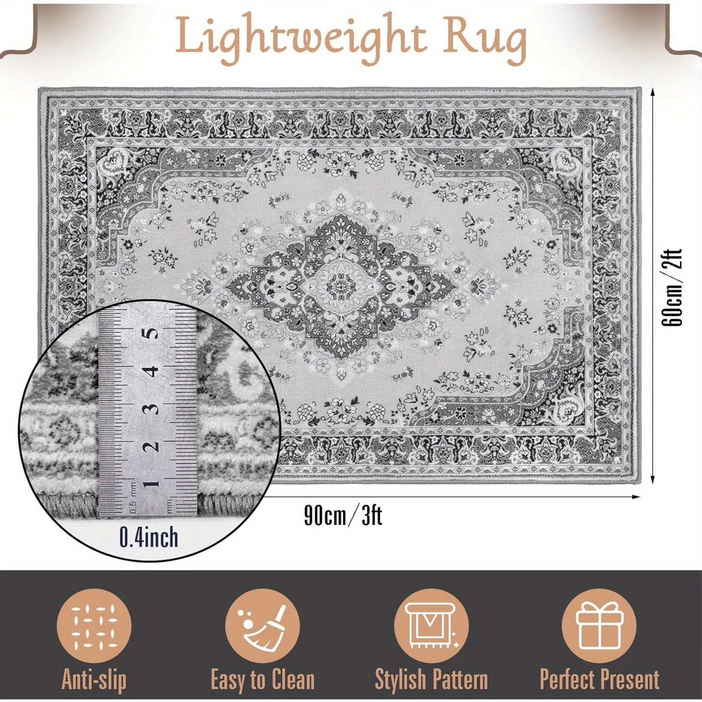 [Vintage Rug] 5x8 Vintage Rug | Black Floral Faux Wool Non Slip Washable Low Pile Indoor Doormat for Bedroom, Entryway, Kitchen, Bedside