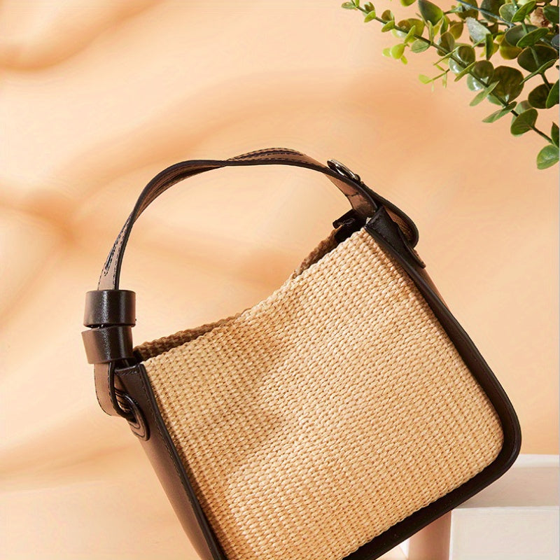 Light Luxury Woven Bag | Spliced Leather Women's Handbag with All Senior Sense Small Square Bag Crossbody Straw Bag