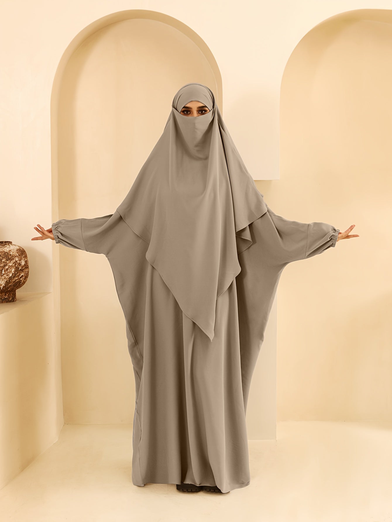 Plus Size - A Set of Elegant Plus Size Women Jilbaab Dresses, Middle East Dubai Solid Color Robe Dress Two Piece Set, Perfect for Ramadan And Islamic Prayers Abaya Femme Women Abaya Dubai Islamic Clothing Abaya Hijab Femme Prayer Jil