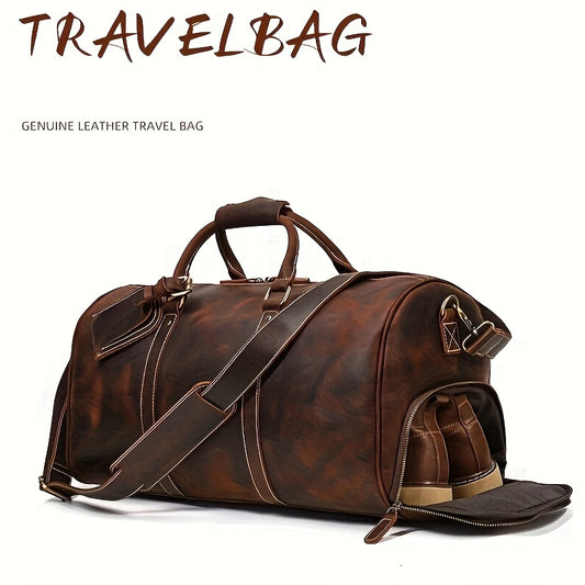 Men's Genuine Leather Travel Duffel Bag 20-Inch Large Capacity with Shoe Compartment, Adjustable Strap & Multiple Pockets - Vintage Style Durable Luggage Bag for Gym