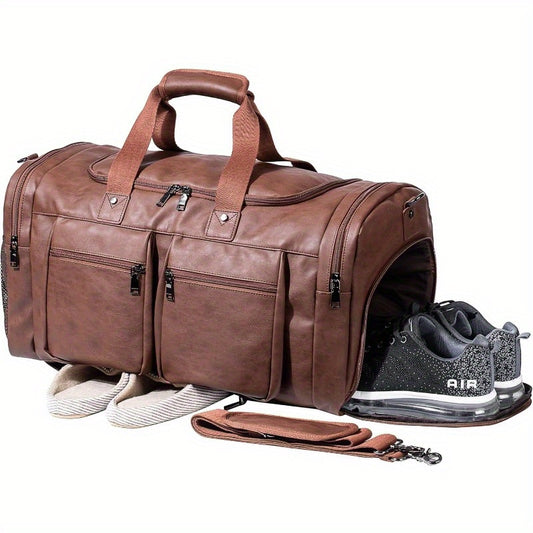 Leather Travel Bag with Shoe Pouch Weekender Overnight Bag High Quality Large Carry On Bag Travel Tote Duffel Bag for Men or Women Brown