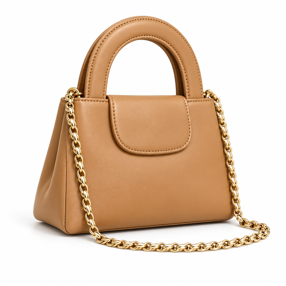 Camel Vegan Leather Chain Handle Handbag