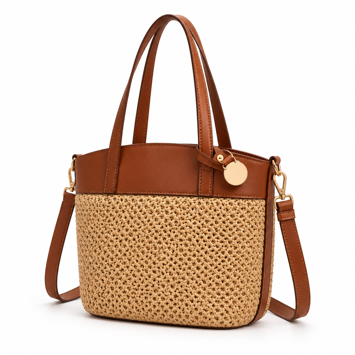 Elegant Woven Tote With Brown Trim