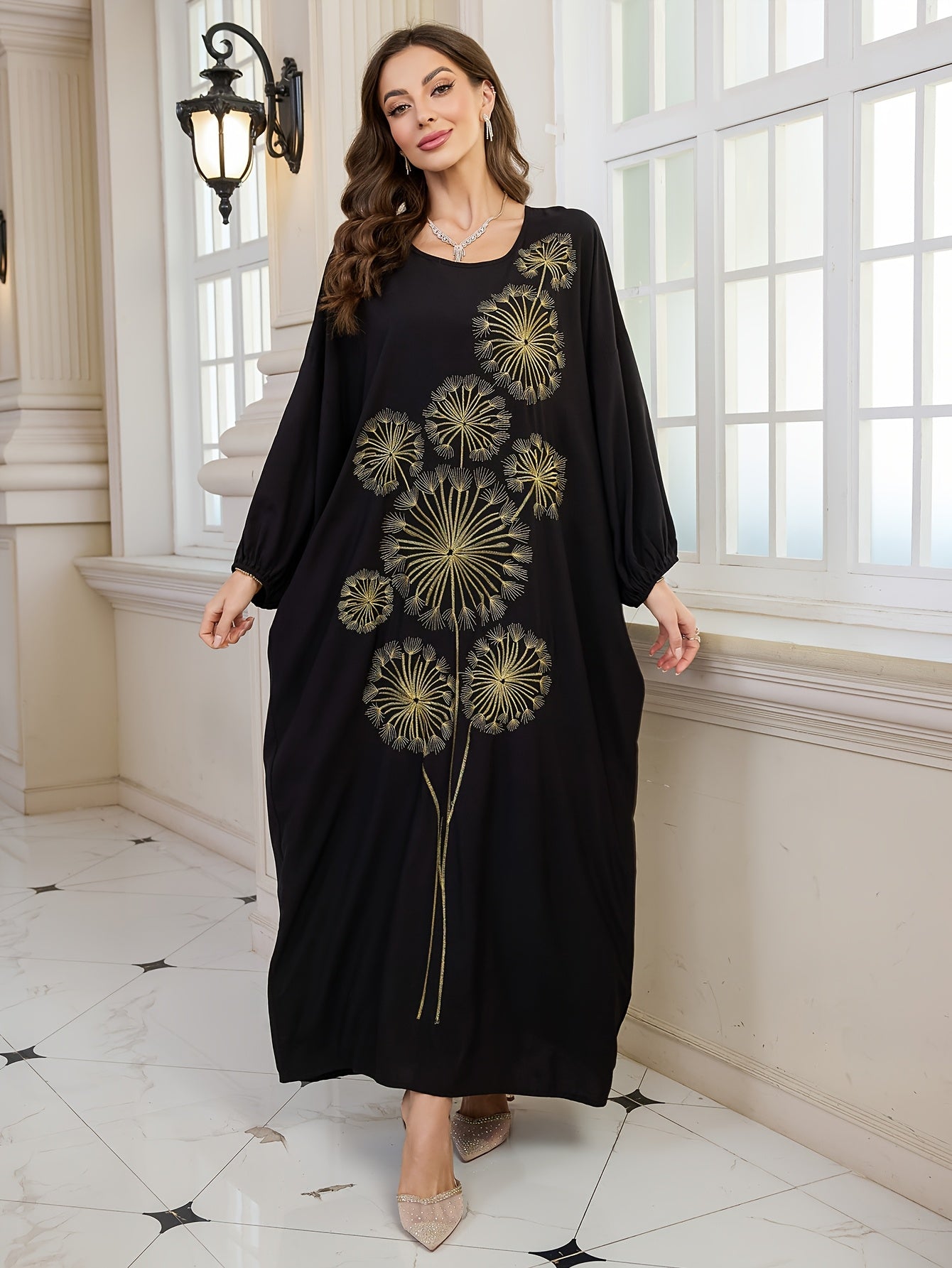 Plus Size, Women's Elegant Dandelion Embroidered Beach Cover-Up Robe Dress - Long Sleeve Loose Fit, Plus Size Black with Golden Floral Print, Lantern Sleeves & Long Length for Vacation, Poolside, Casual Outings, Beach Dress