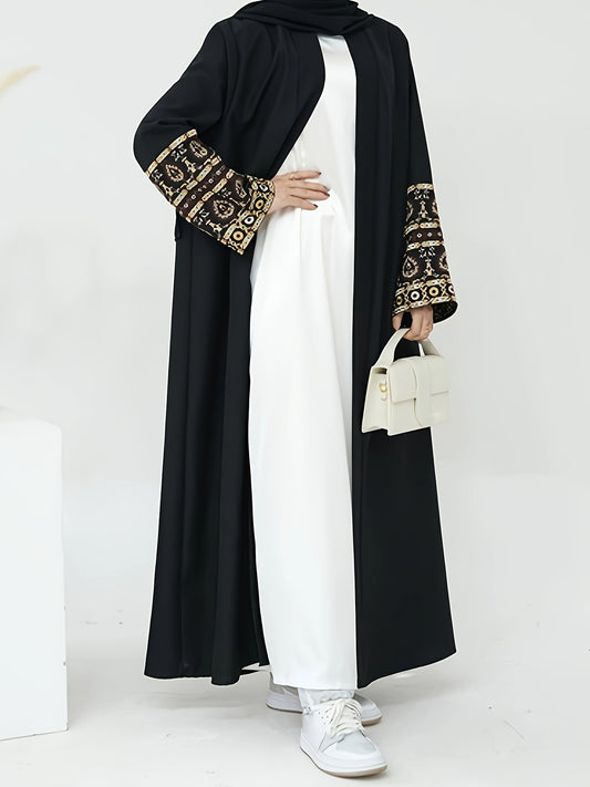 Elegant Middle Eastern Turkish Abaya Robe with Golden Embroidery - Black & White Contrast Traditional Islamic Dress, Machine Washable Lightweight Cover-Up for Spring Summer Fall, Modest Apparel