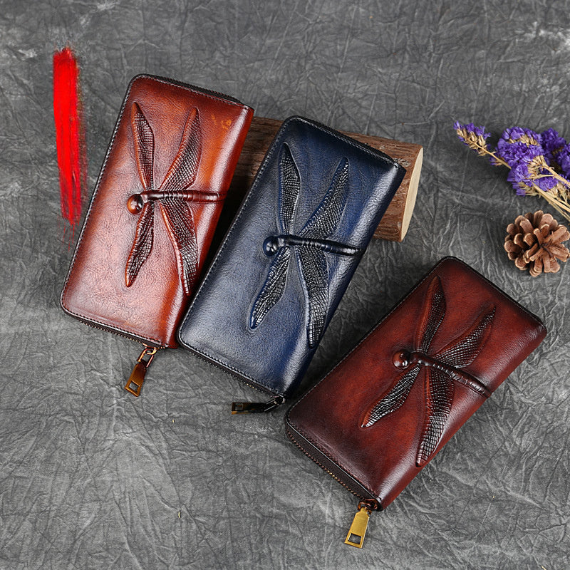 [Leather Floral Clutch Bag] Vintage Leather Wristband Purse - Embossed Floral Pattern Zippered Clutch Bag with Coin Purse and Polyester Lining