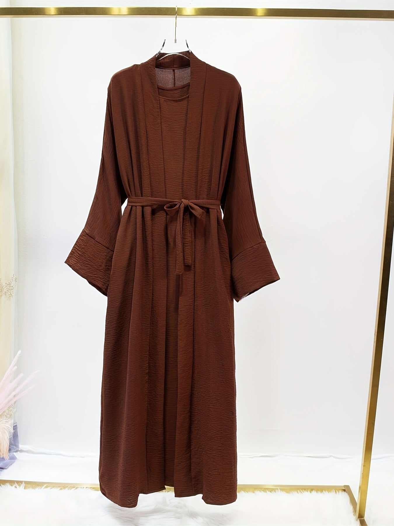 Ramadan Solid Color Modest Pakistani Abaya Set, Casual Crew Neck Sleeveless Tank Dress & Open Front Long Sleeve Tie Cardigan Outfits, Women's Clothing