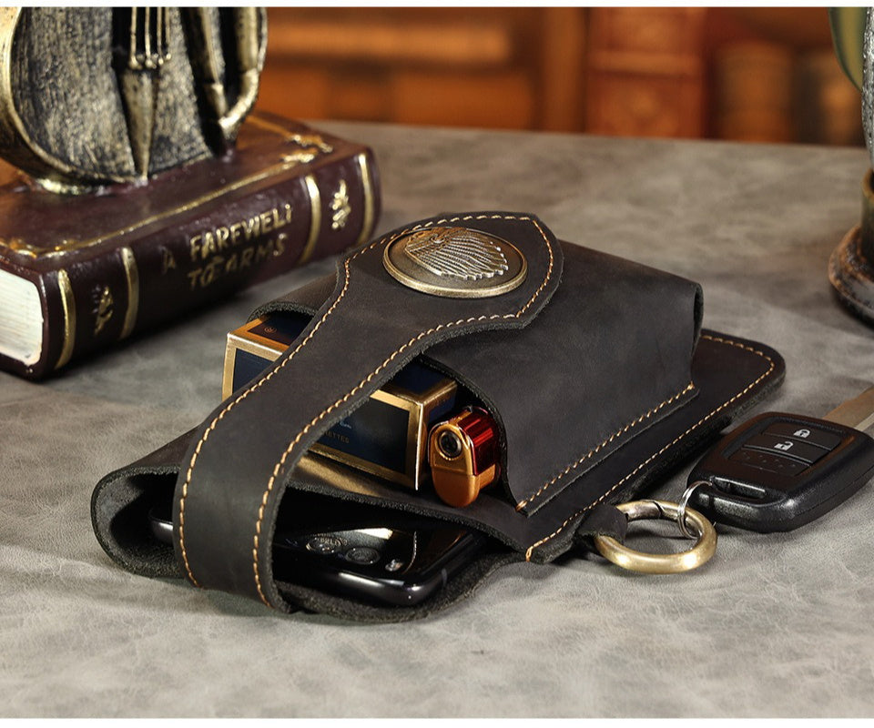 Men's Genuine Leather Mobile Phone Key Waist Bag Creative Vegetable Tanned Leather Waist Bag Men Wear Belt Tactical Waist Bag