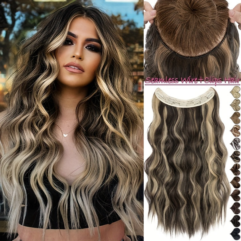 Thick Clip In Long Wavy Synthetic Hair Extensions - 24 Inch Balayage Brown Black Double Weft Fiber Hidden Wire Hairpieces for Women - Easy to Style, Natural Looking, And Long-Lasting Hair Enhancement