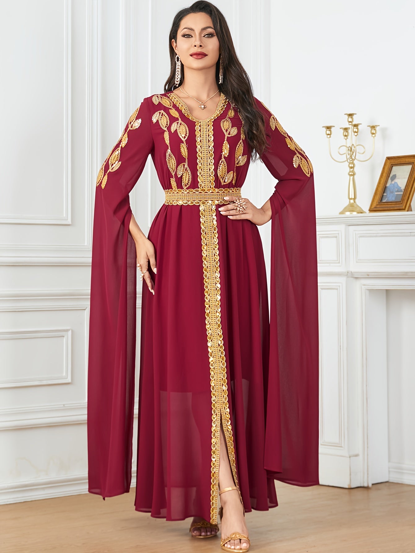 Embroidered V-Neck Abaya Dress, Elegant Cape Sleeve Maxi Dress, Women's Clothing