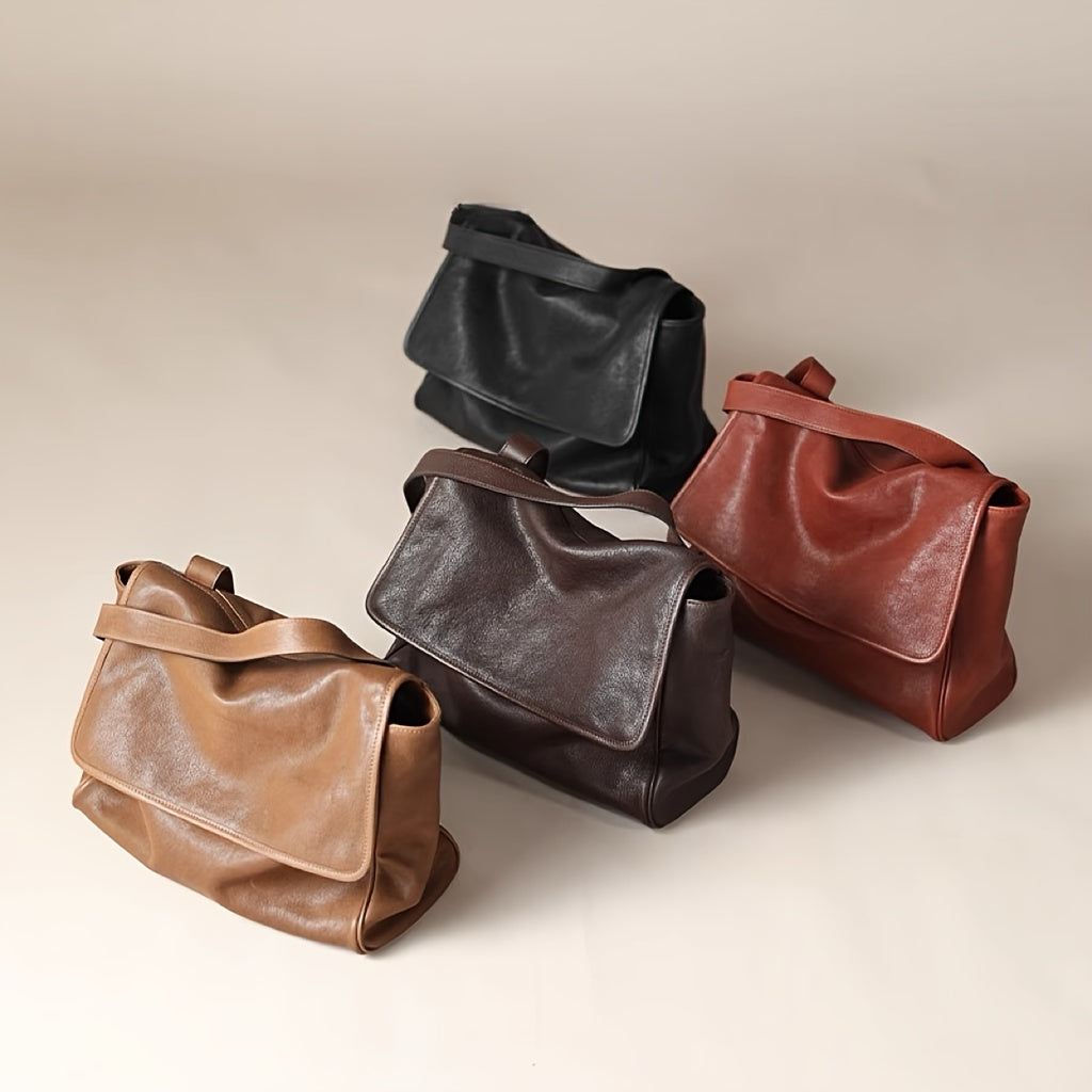 Top-Grain Vintage Genuine Leather Tote Messenger Bag - Flap Closure, Fixed Shoulder Strap, Large Capacity