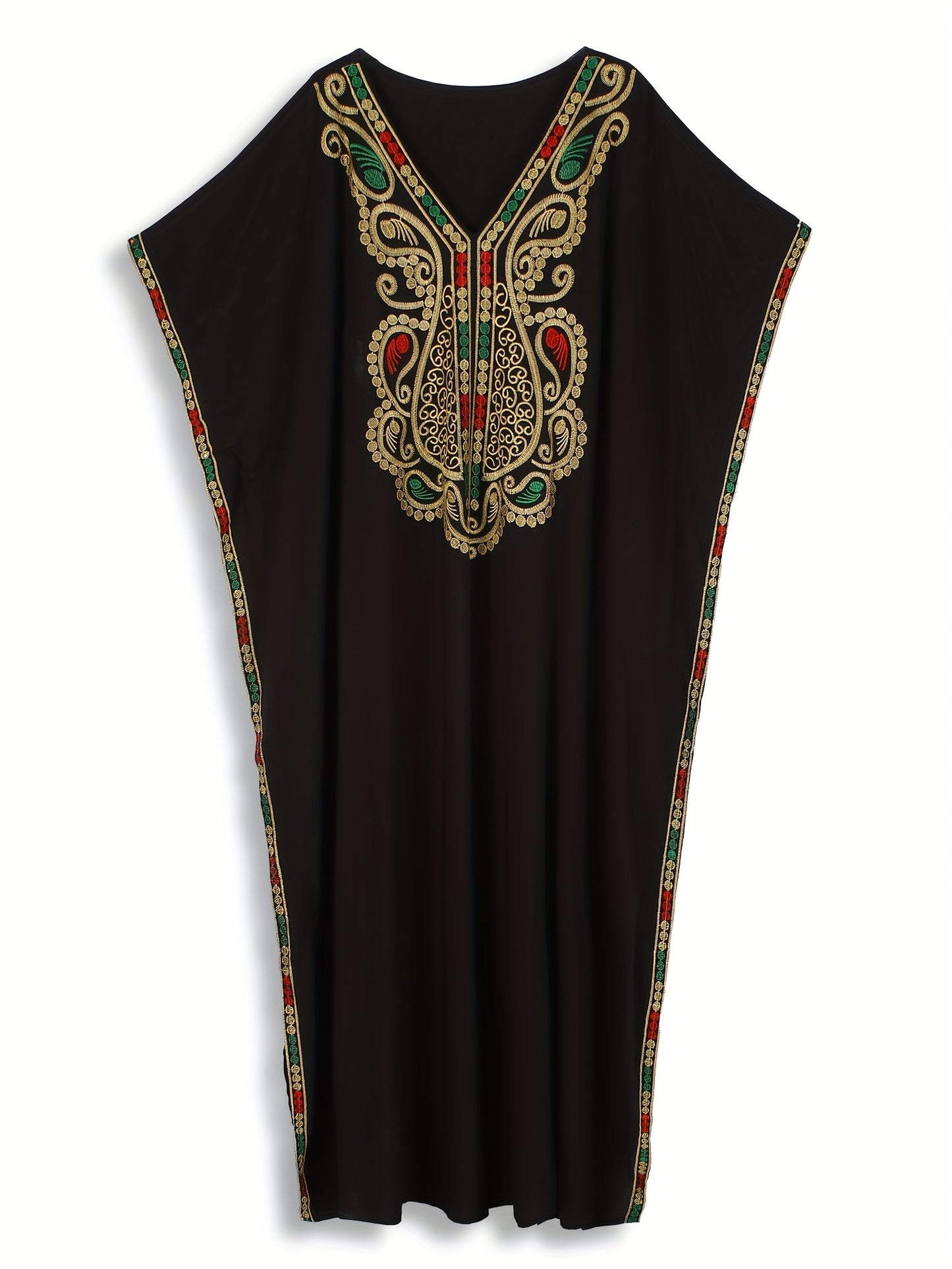 EDOLYNSA Sexy V-Neck Black Retro Colorful Embroidered Batwing Sleeve Elegant Dress Middle Eastern Fashion Loose Kaftan Long Robe Q1865