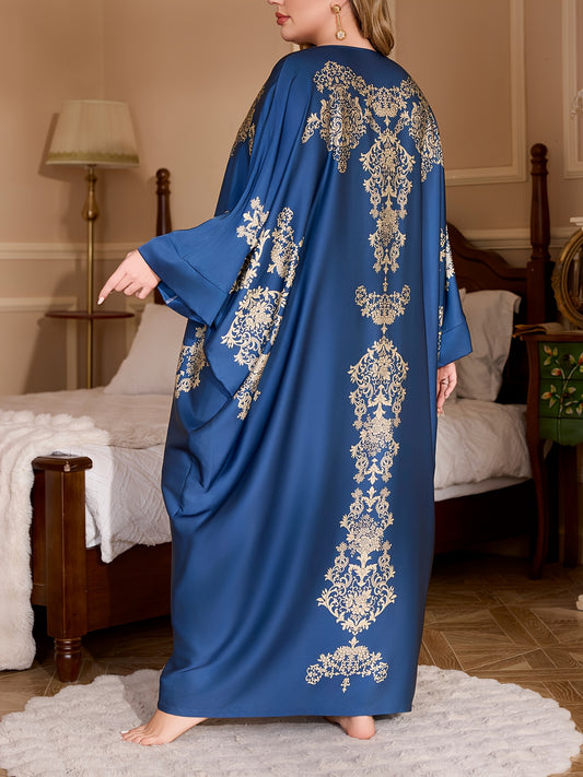 Elegant Plus Size Women's Blue & Golden Floral Print Robe - Soft Polyester, Long Sleeve, Crew Neck, Non-Stretch Fabric, Perfect for Spring/Summer/Fall, Comfortable Sleepwear|Elegant Robe Design