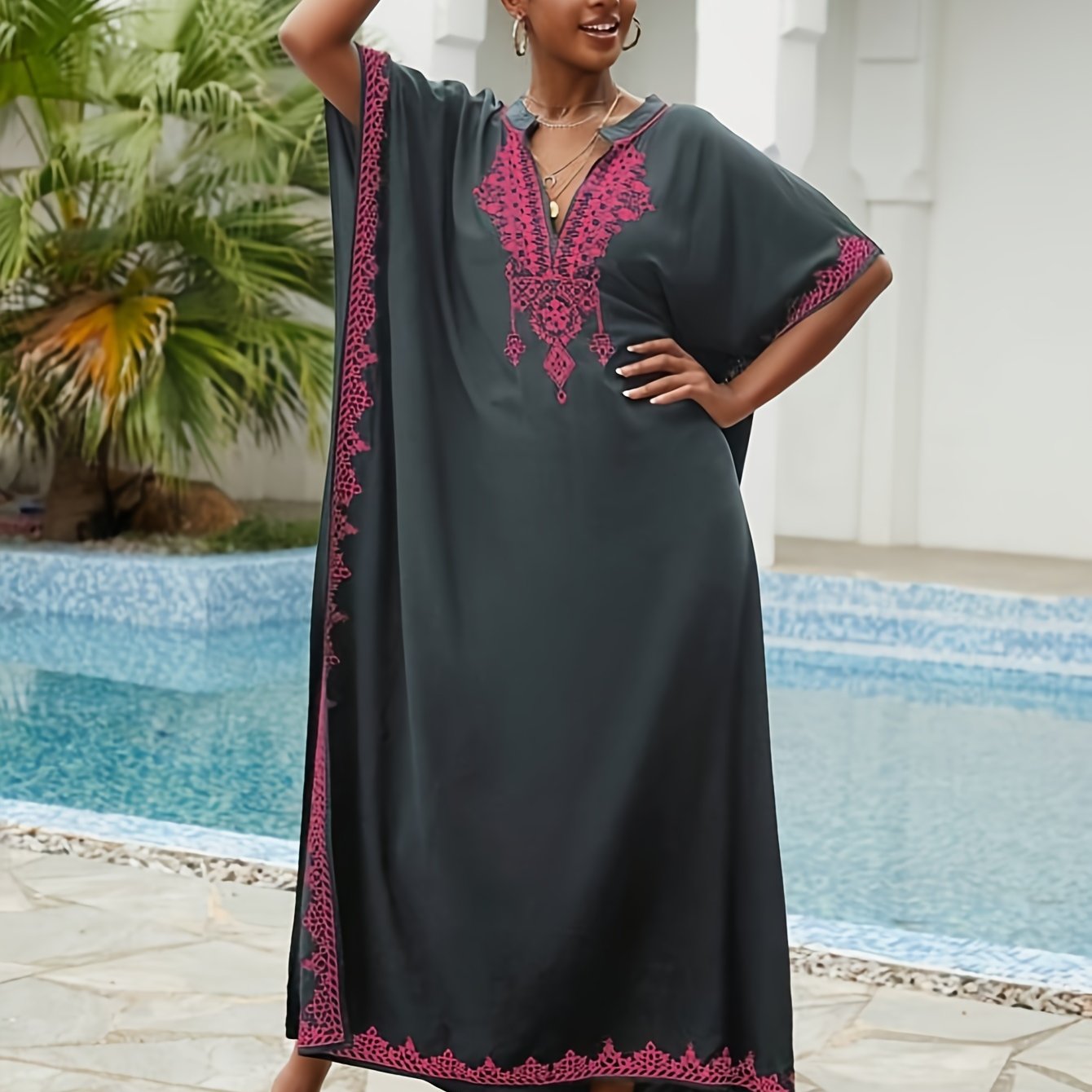 Batwing Sleeve House Kaftan Dress | Embroidery Batwing Sleeve House Kaftan Dress