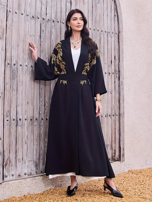 Women's Elegant Islamic Emirati Abaya Robe - Long Sleeve Islamic Dress with Belt, Non-Stretchy Formal & Everyday Muslim Clothing for Mosque, Travel, Home - Modest Abaya Gown, Mosque Attire