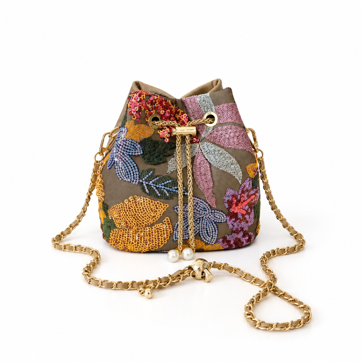 Floral Embroidered Sequin Chain Bucket Bag