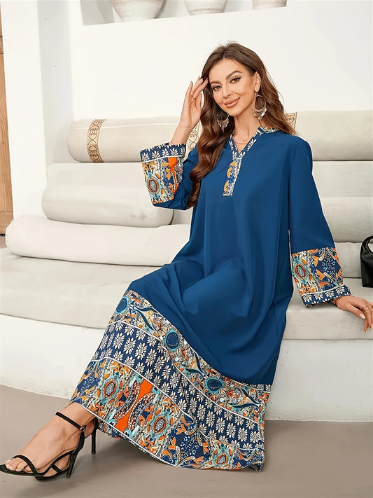 Elegant Muslim Kaftan Abaya Dress | Middle Eastern-Inspired Ethnic Floral Print with Blue/Orange/White/Black, Asymmetrical Hem & Lace Trim, X-Line Silhouette, Adjustable Waist Tie for Modest Women