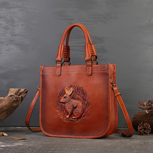 Rabbit Pattern Vintage Style Leather Crossbody Bag - Fashion Handbag for Daily and Travel Use