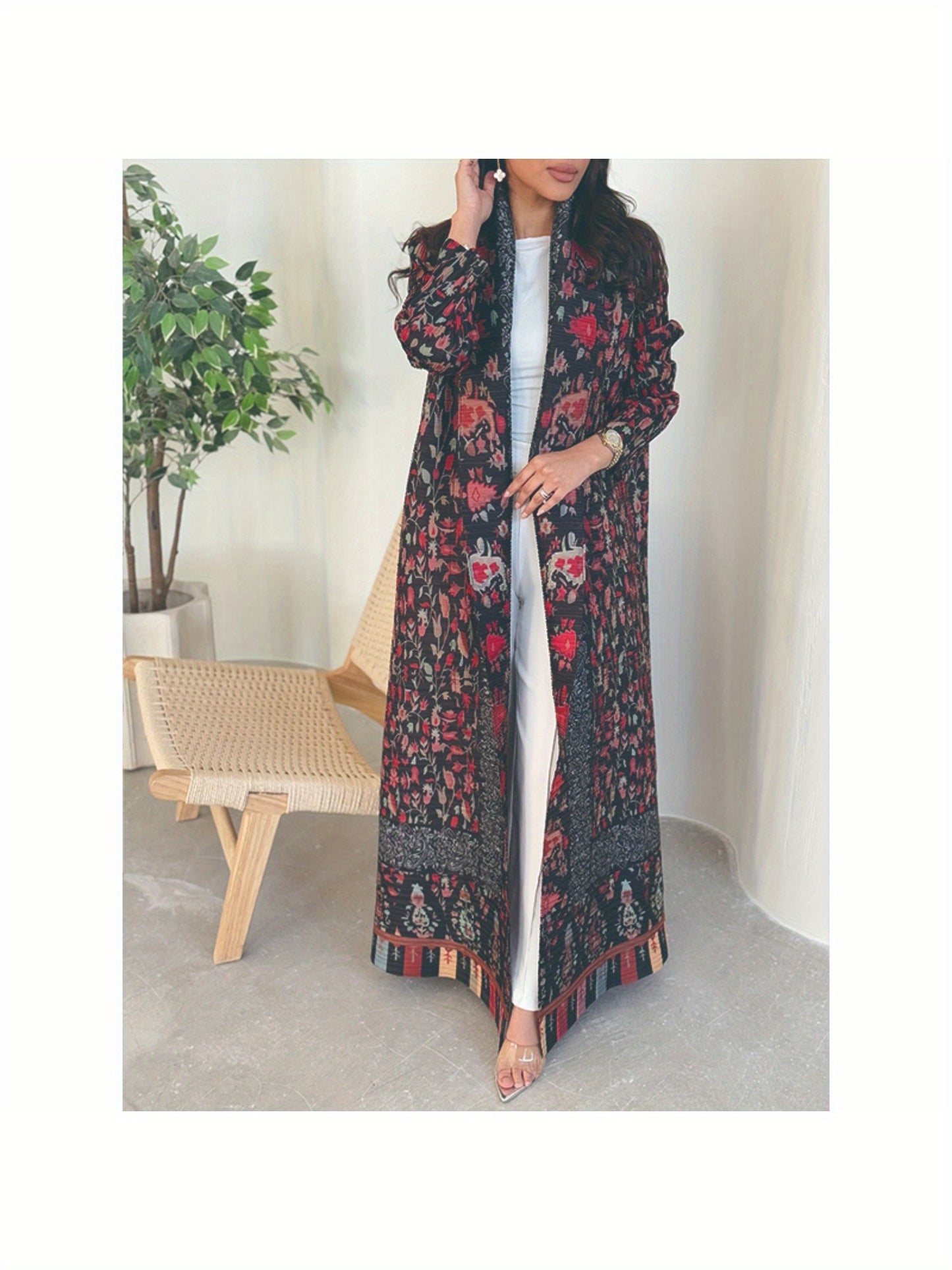 2025 Eid Al-Adha Ready - Stylish Black & Red Floral Print Abaya with Geometric Pattern, Long Sleeve Kaftan Dress for Women, Minimalist Belt Detail, Perfect for Hijabi Fashion