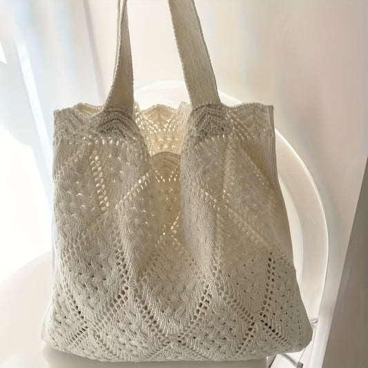 Women's Woven Tote Bag With Fixed Shoulder Straps, Polyester Tote Bag - Hollow Design, Casual Style, Unlined And Non-high Quality