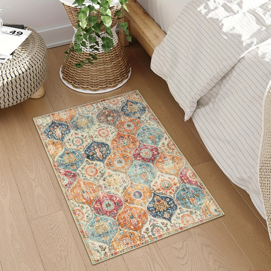 Boho Small Area Rug, Entryway Non-Slip Vintage Ultra-Thin Washable Indoor Door Mat Distressed Throw Home Decor Doormat For Bathroom Kitchen Bedroom