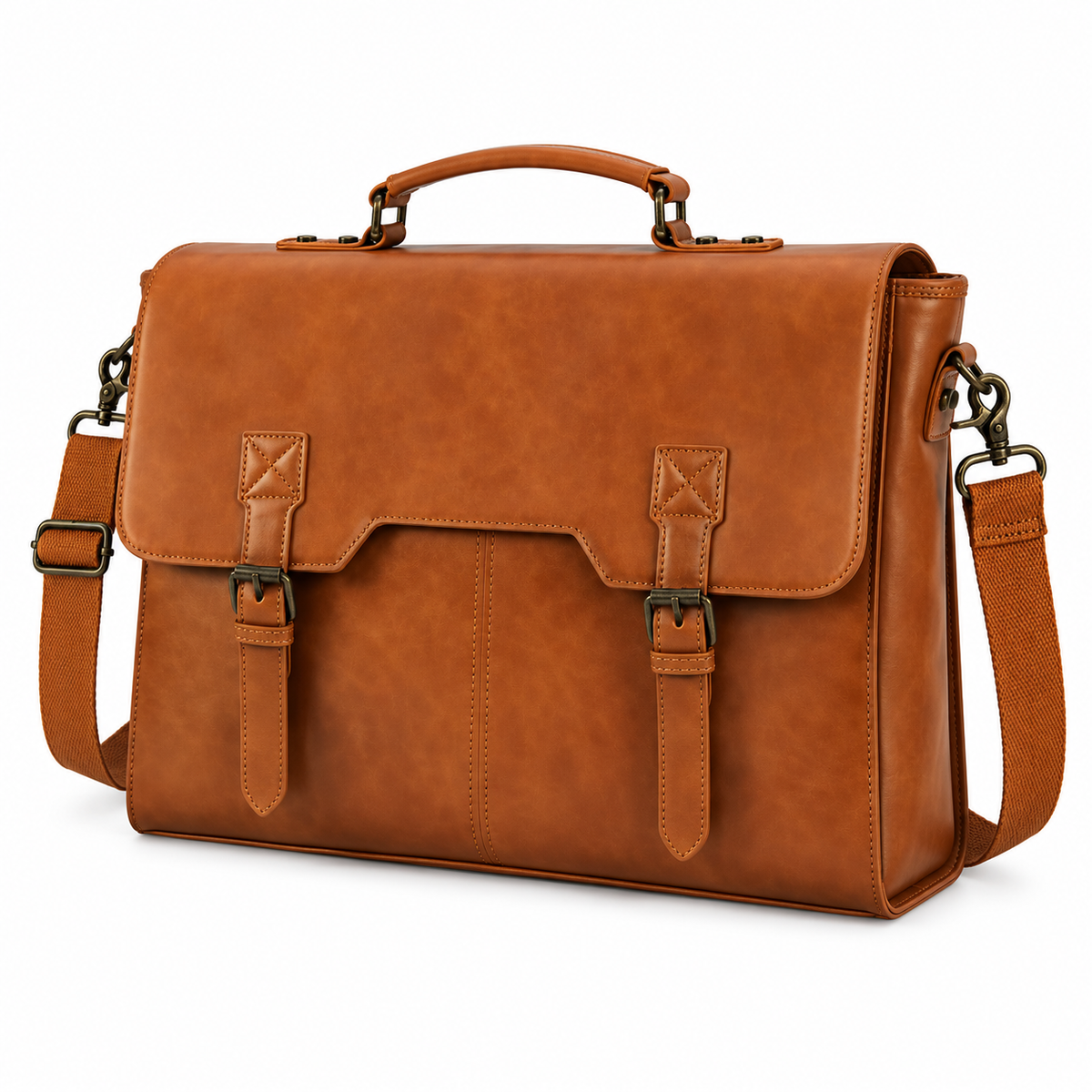 Classic Cognac Leather Briefcase With Buckles