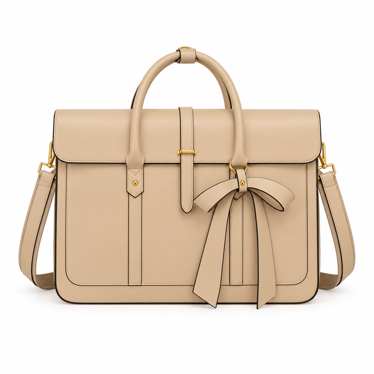 Beige Leather Laptop Bag With Bow