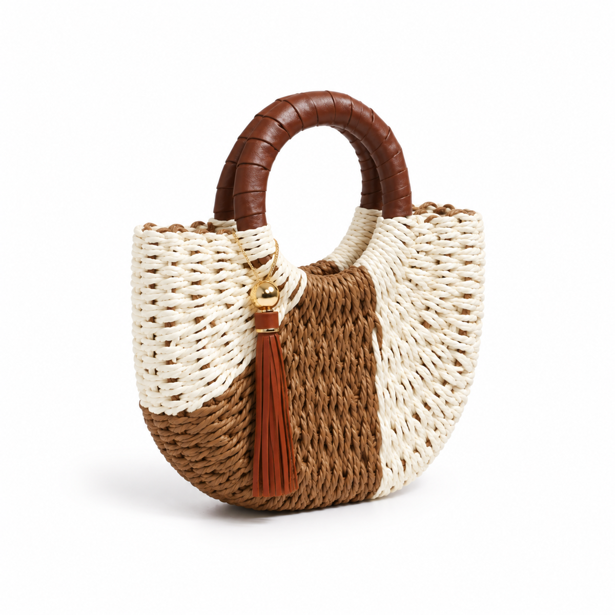 Two-Tone Woven Round Handle Handbag