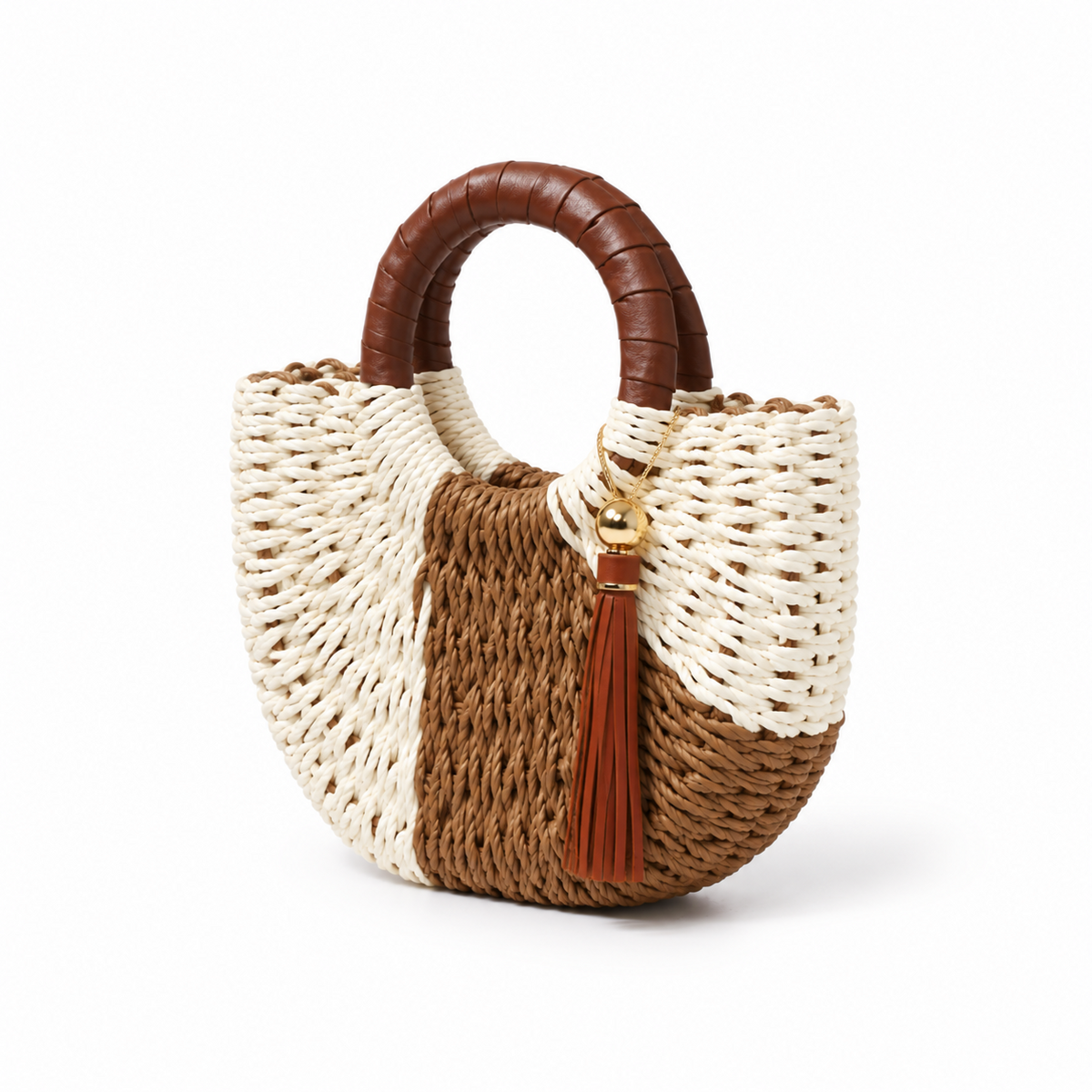 Two-Tone Woven Round Handle Handbag